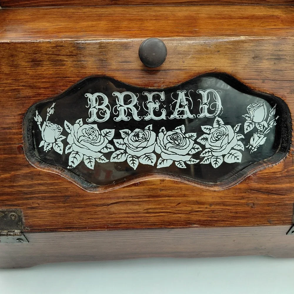 Vtg Wood Bread Box Roses Stenciled Glass Face Farmhouse Breadbox Cottagecore